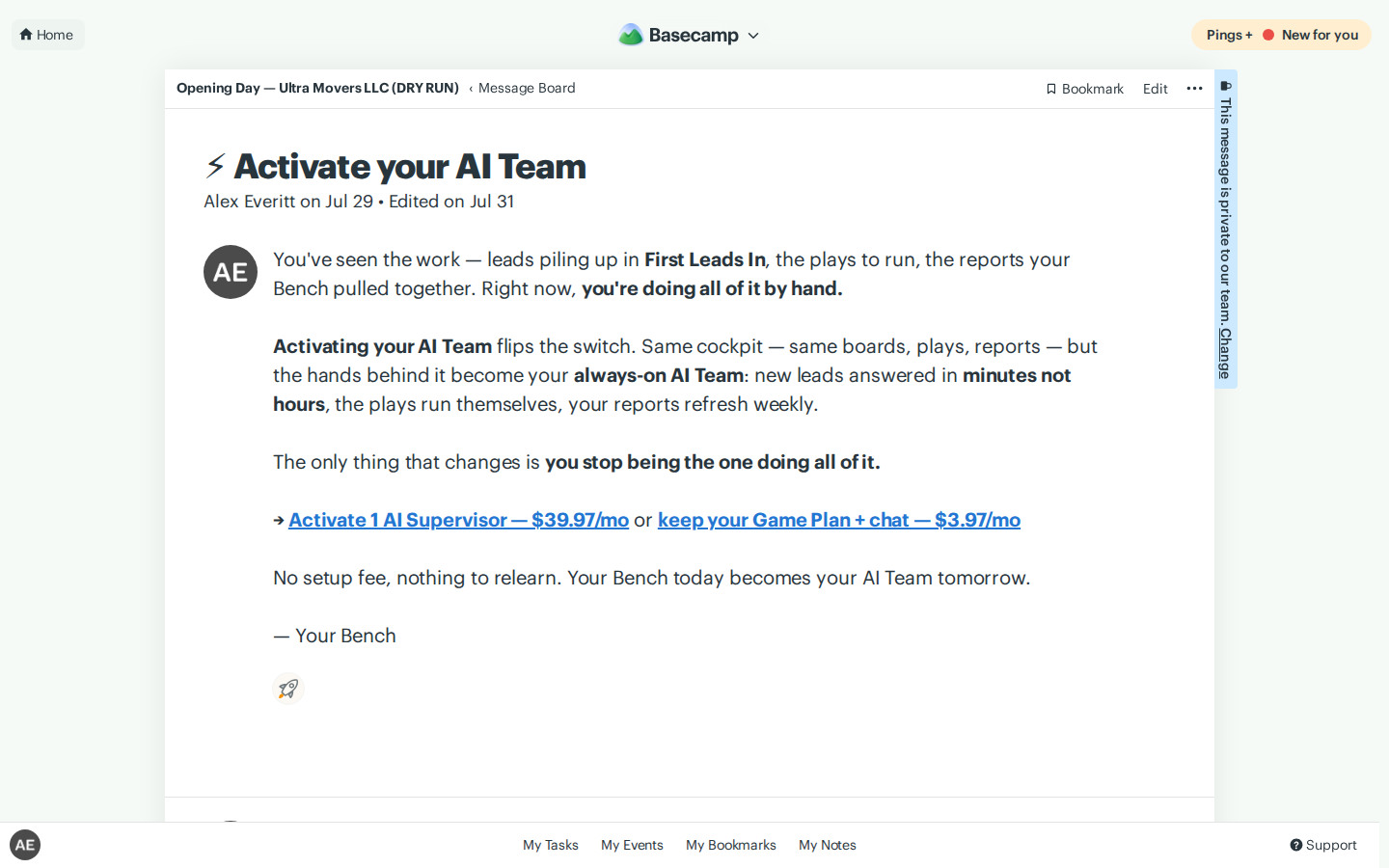 Basecamp message explaining how activating turns the Bench into your AI Team