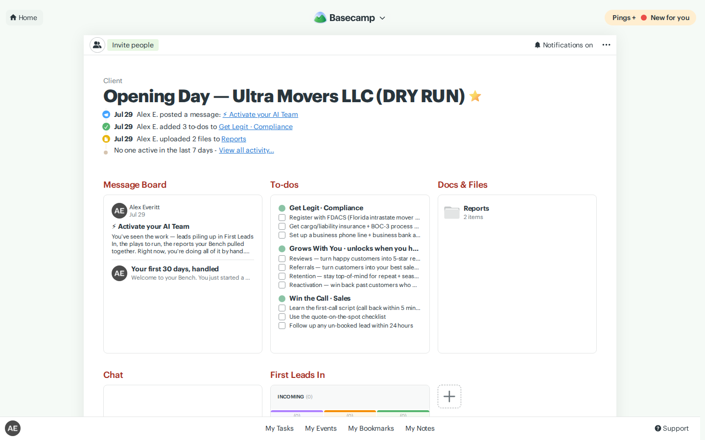 Real Basecamp cockpit — the Opening Day project with boards, to-dos and reports