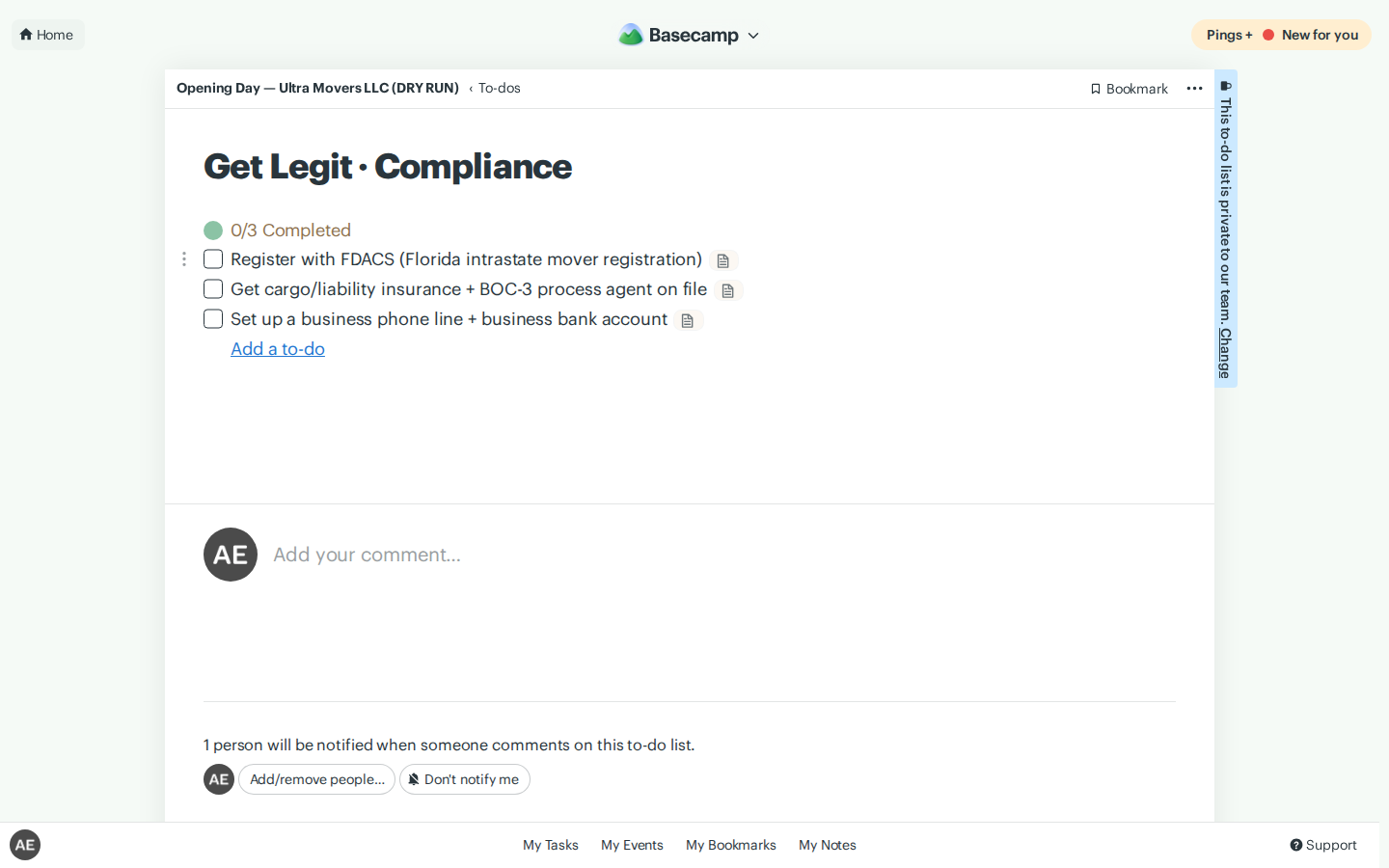 Basecamp to-do list for getting a mover legally compliant
