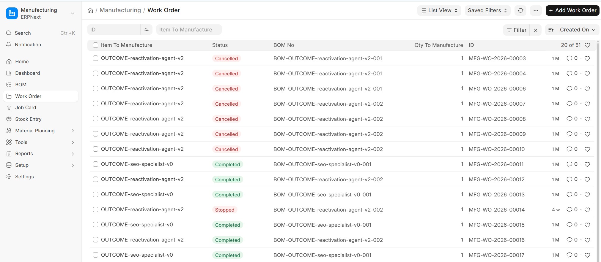 ERPNext Work Order list — each AI action recorded as a real manufacturing work order